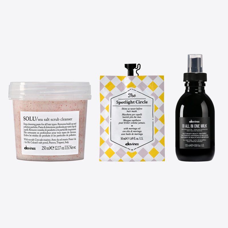 Davines SOLU Sea Salt Scrub Cleanser 250ml + Shine Mask 50ml + OI All-In-One Milk 135ml